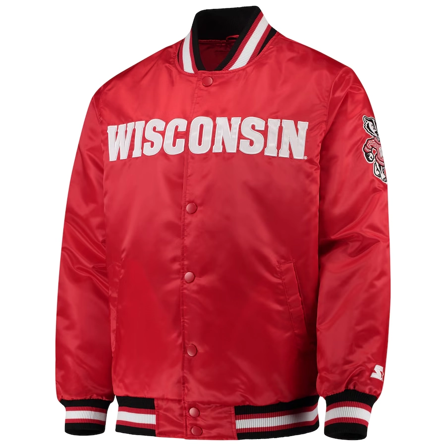 Wisconsin Badgers O-Line Red Satin Varsity Jacket
