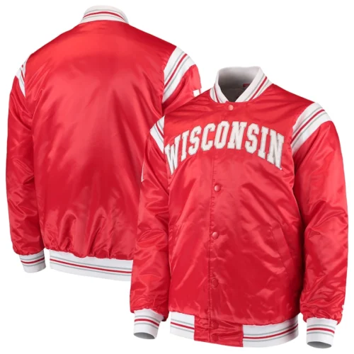 Wisconsin Badgers The Enforcer Red Satin Varsity Jacket - Image 4