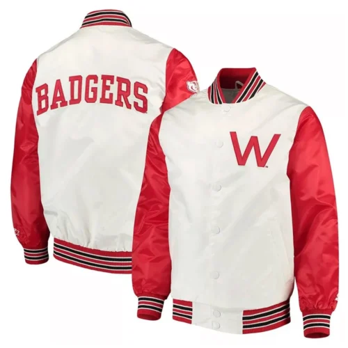 Wisconsin Badgers The Rookie White/Red Satin Varsity Jacket - Image 3