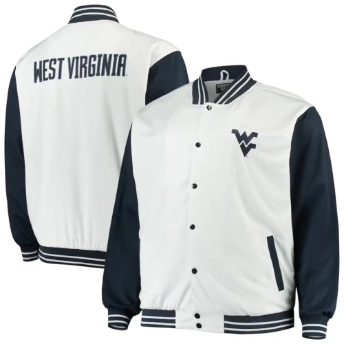 West Virginia Mountaineers Big & Tall White/Navy Satin Varsity Jacket - Image 4