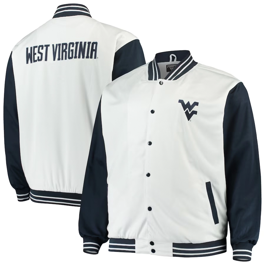 West Virginia Mountaineers Big & Tall White/Navy Satin Varsity Jacket - Image 4