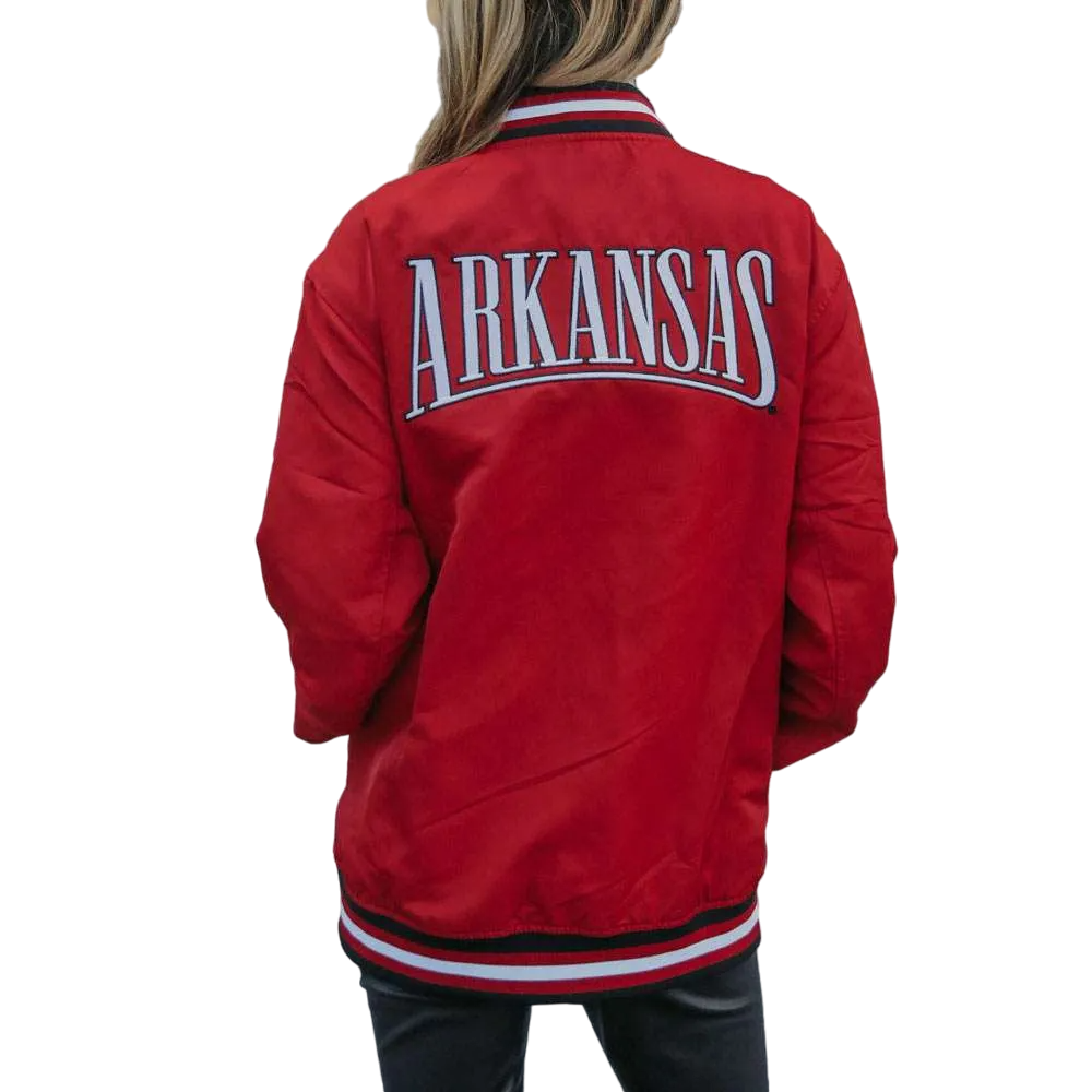 Women's Arkansas Razorbacks Retro Bomber Satin Varsity Jacket - Image 2