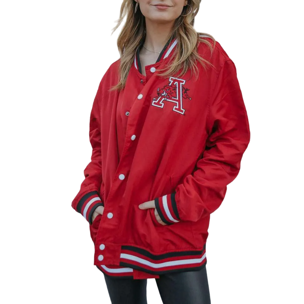 Women's Arkansas Razorbacks Retro Bomber Satin Varsity Jacket