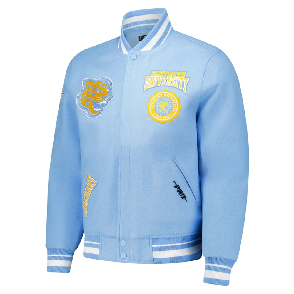 Southern Jaguars Crest Emblem Blue Wool Varsity Jacket