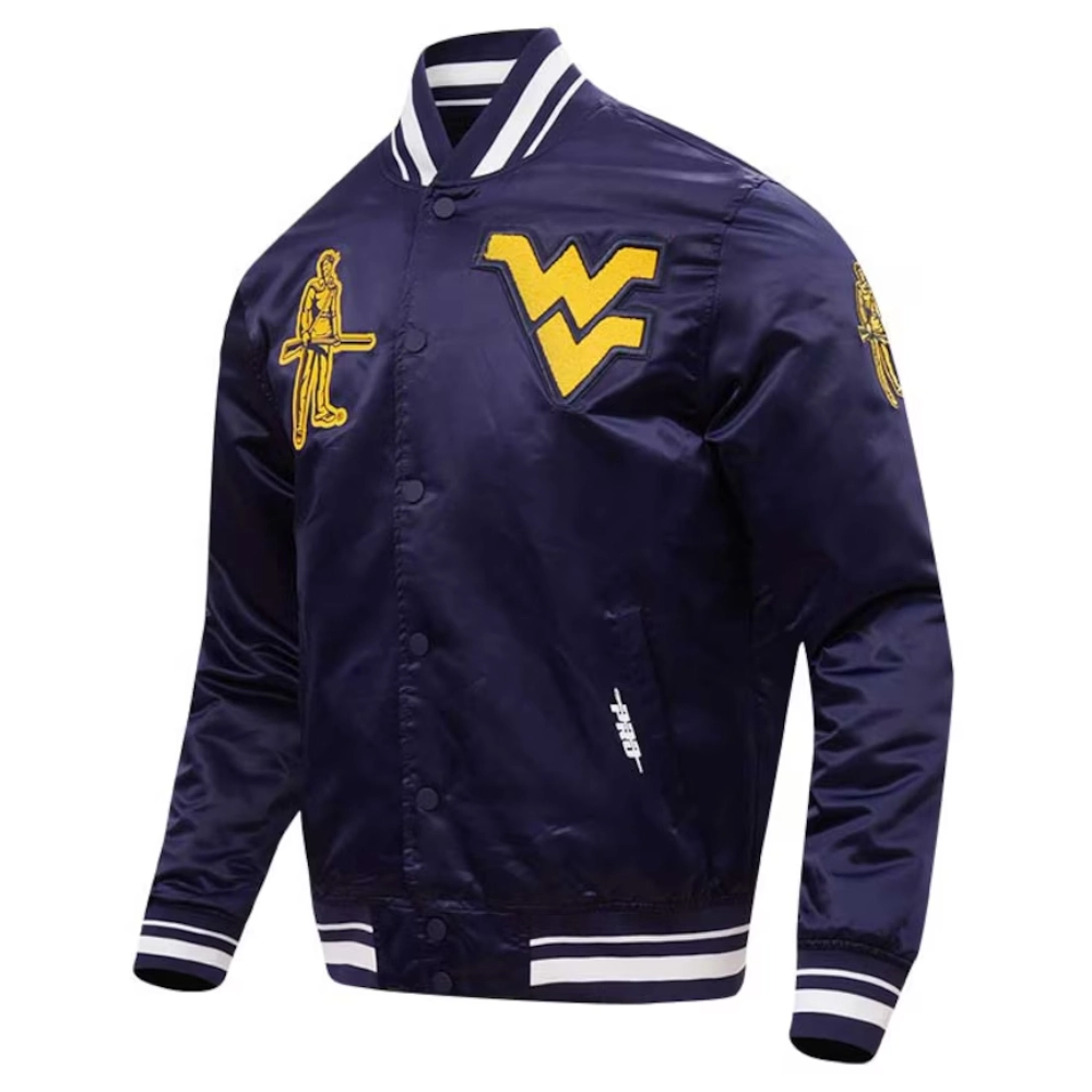 West Virginia Mountaineers Classic Rib Knitted Navy Satin Varsity Jacket