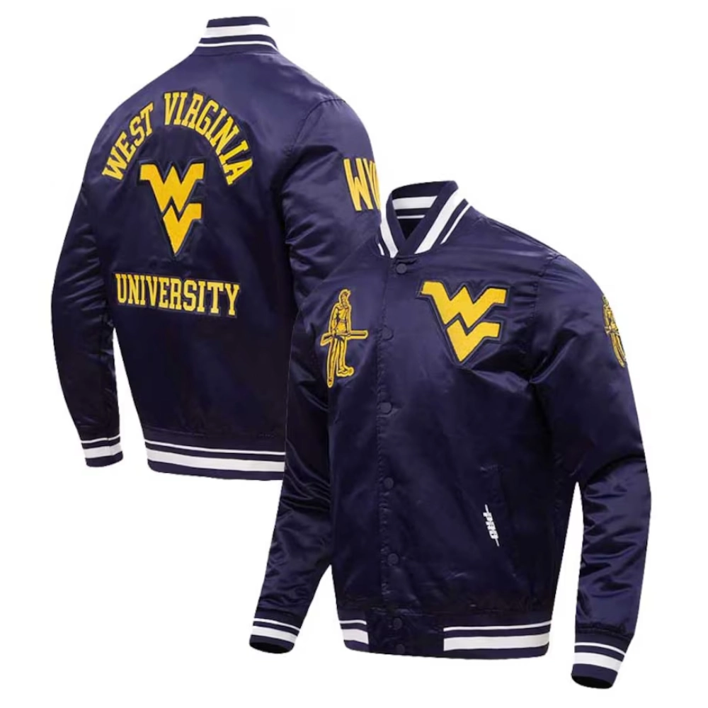 West Virginia Mountaineers Classic Rib Knitted Navy Satin Varsity Jacket - Image 3