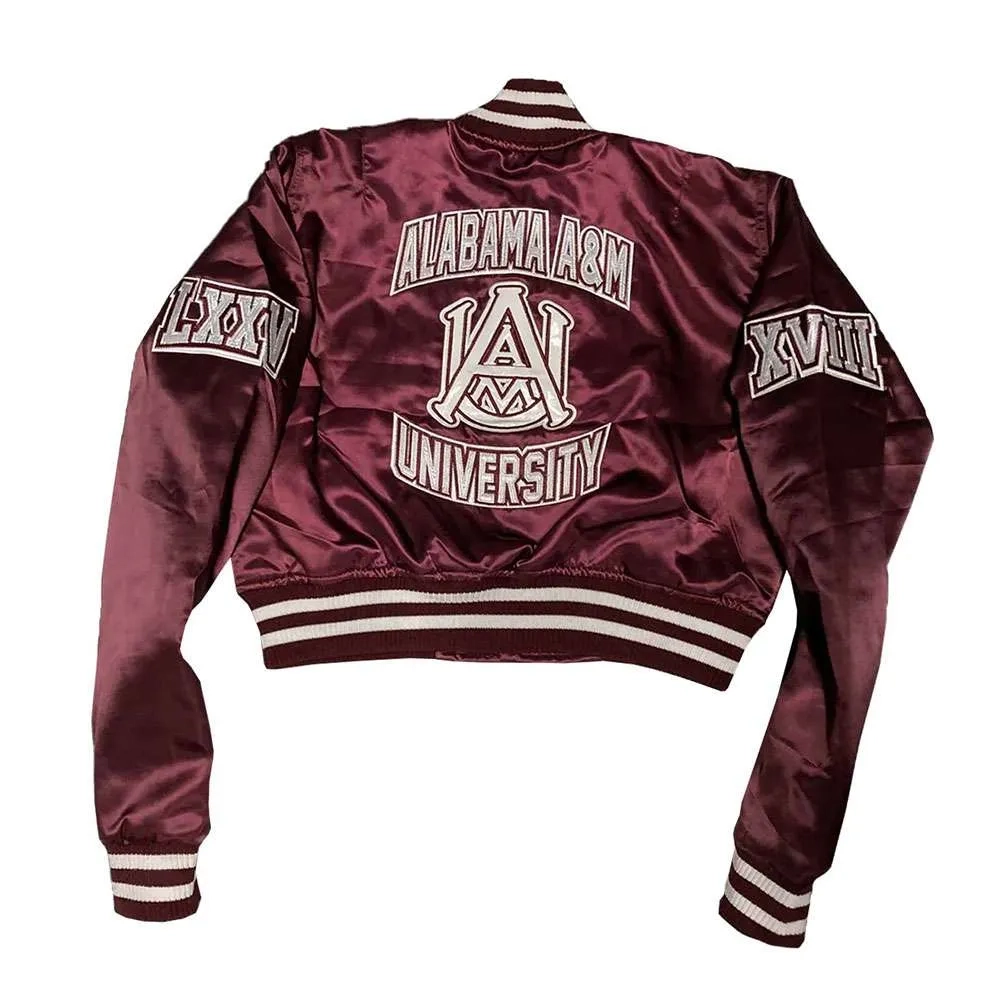 Woman's Alabama A&M Bulldogs Remix Maroon Satin Varsity Jacket - Image 2