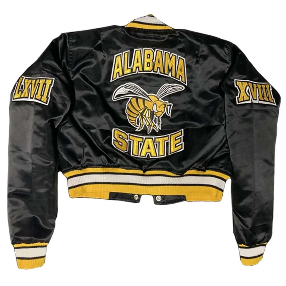 Woman's Alabama State Hornets Campus Remix Black Satin Varsity Jacket - Image 2