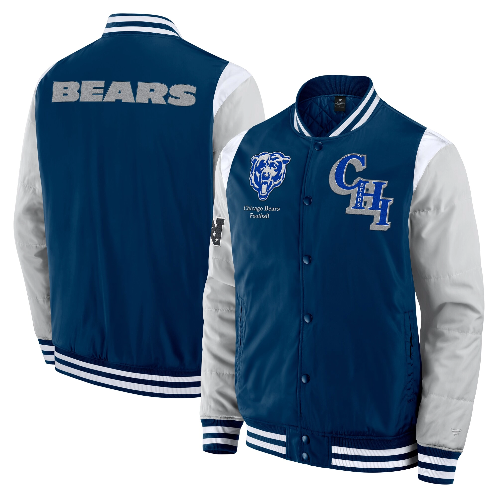Chicago Bears Elements Elite Navy/Grey Full-Snap Satin Varsity Jacket - Image 3