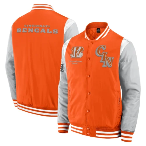 Cincinnati Bengals Elements Elite Orange/Grey Full-Snap Satin Varsity Jacket - Image 3