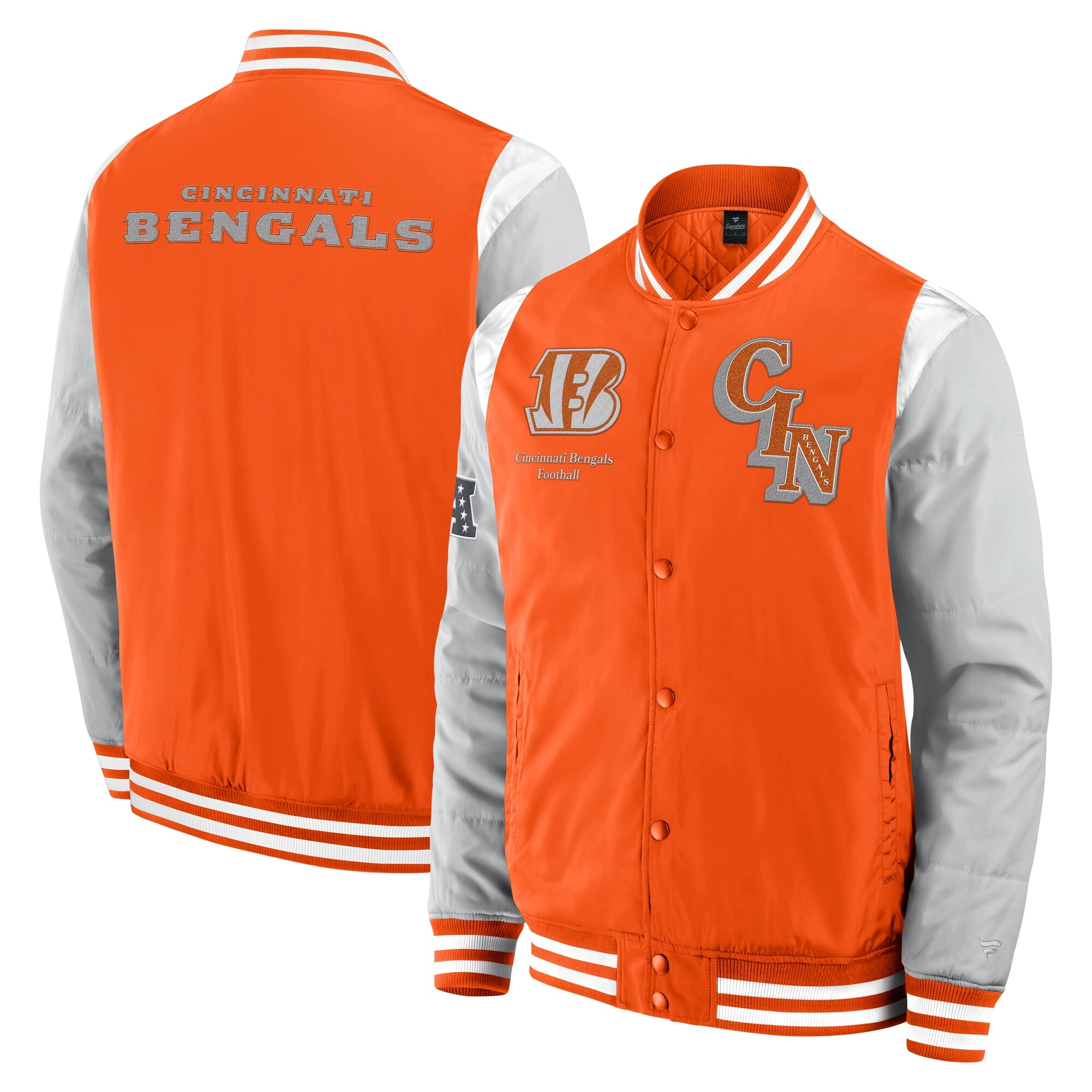 Cincinnati Bengals Elements Elite Orange/Grey Full-Snap Satin Varsity Jacket - Image 3