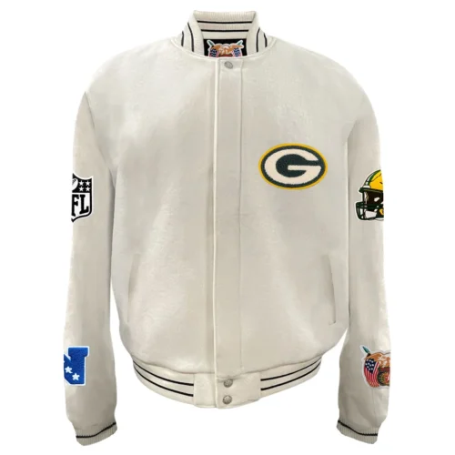 Green Bay Packers White Full Wool Varsity Jacket