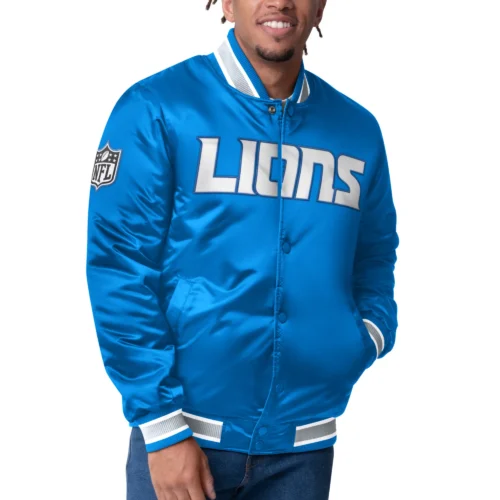 Detroit Lions Closer Blue Satin Varsity Jacket