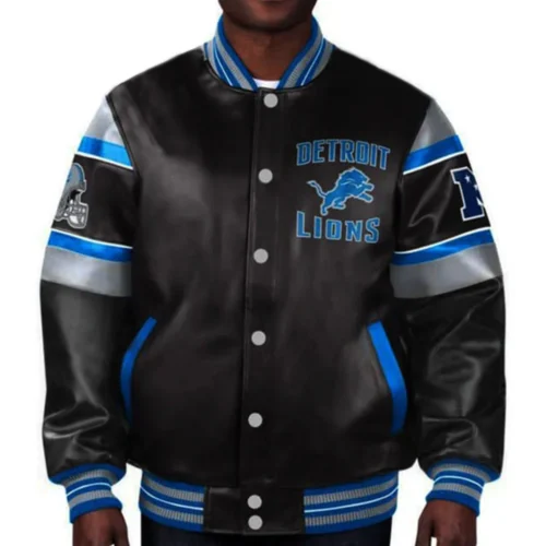 Detroit Lions Black Full-Snap Leather Bomber Jacket