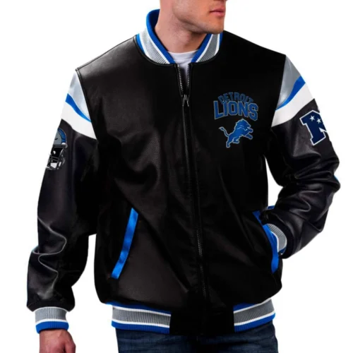 Detroit Lions Full Black Full-Zip Leather Varsity Jacket