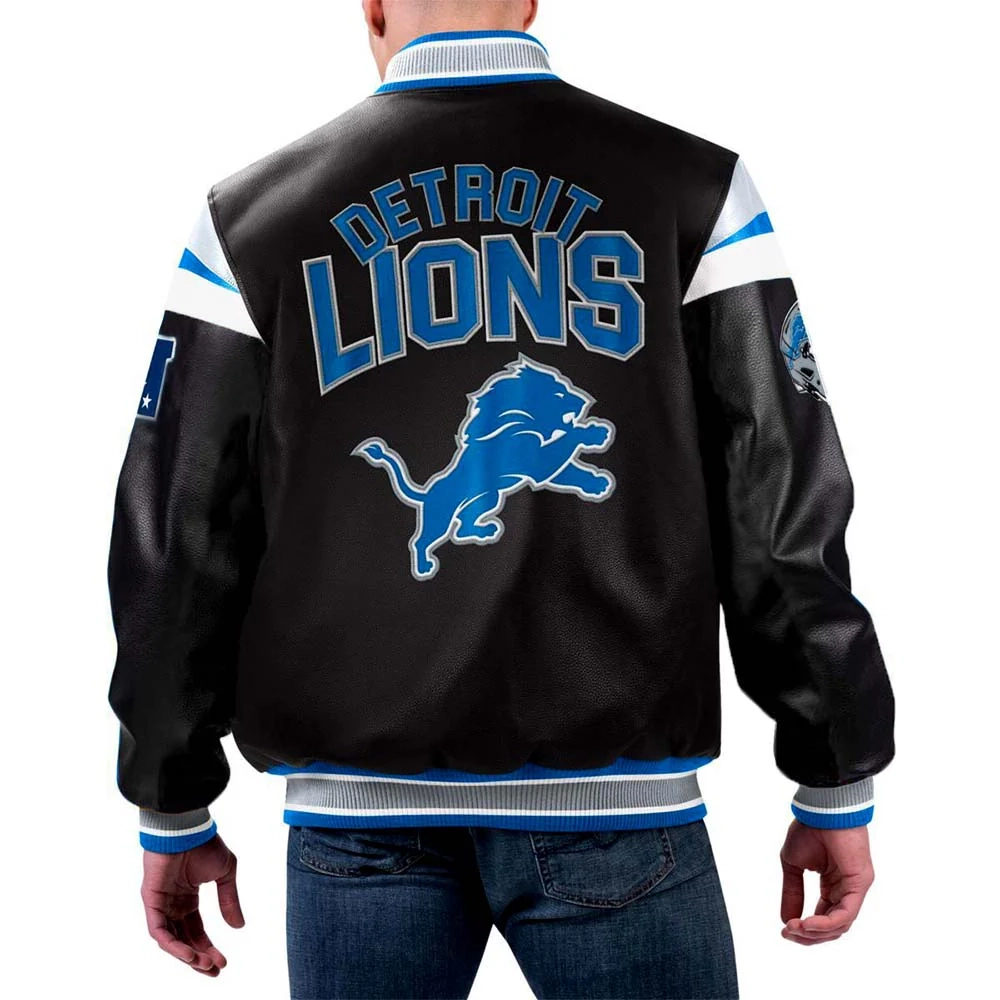 Detroit Lions Full Black Full-Zip Leather Varsity Jacket - Image 2