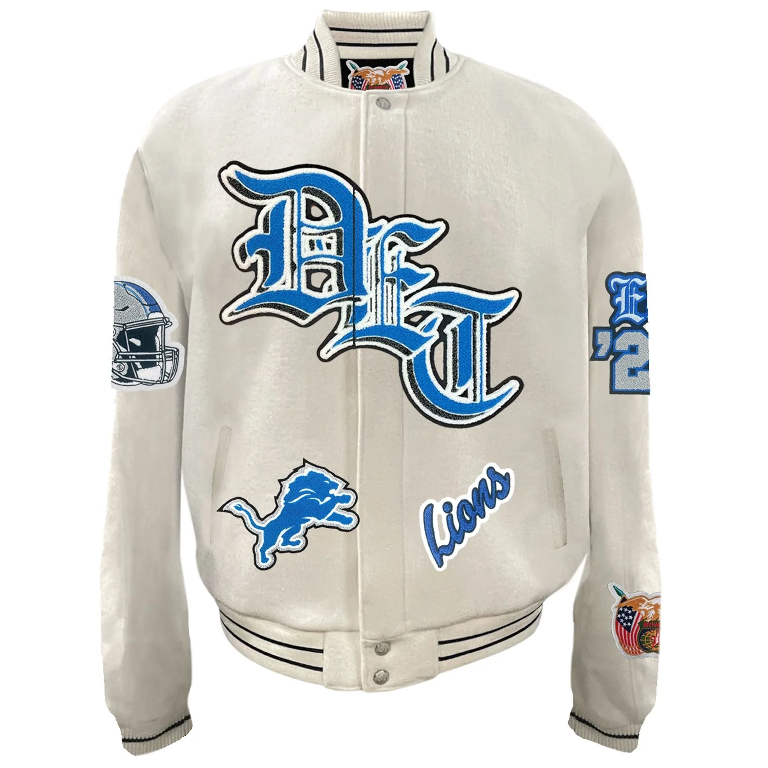 Detroit Lions Old English White Full Wool Varsity Jacket