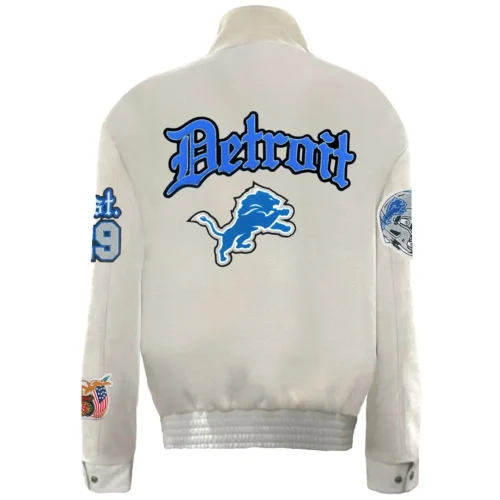Alternative view of Detroit Lions Old English White Wool & Leather Varsity Jacket