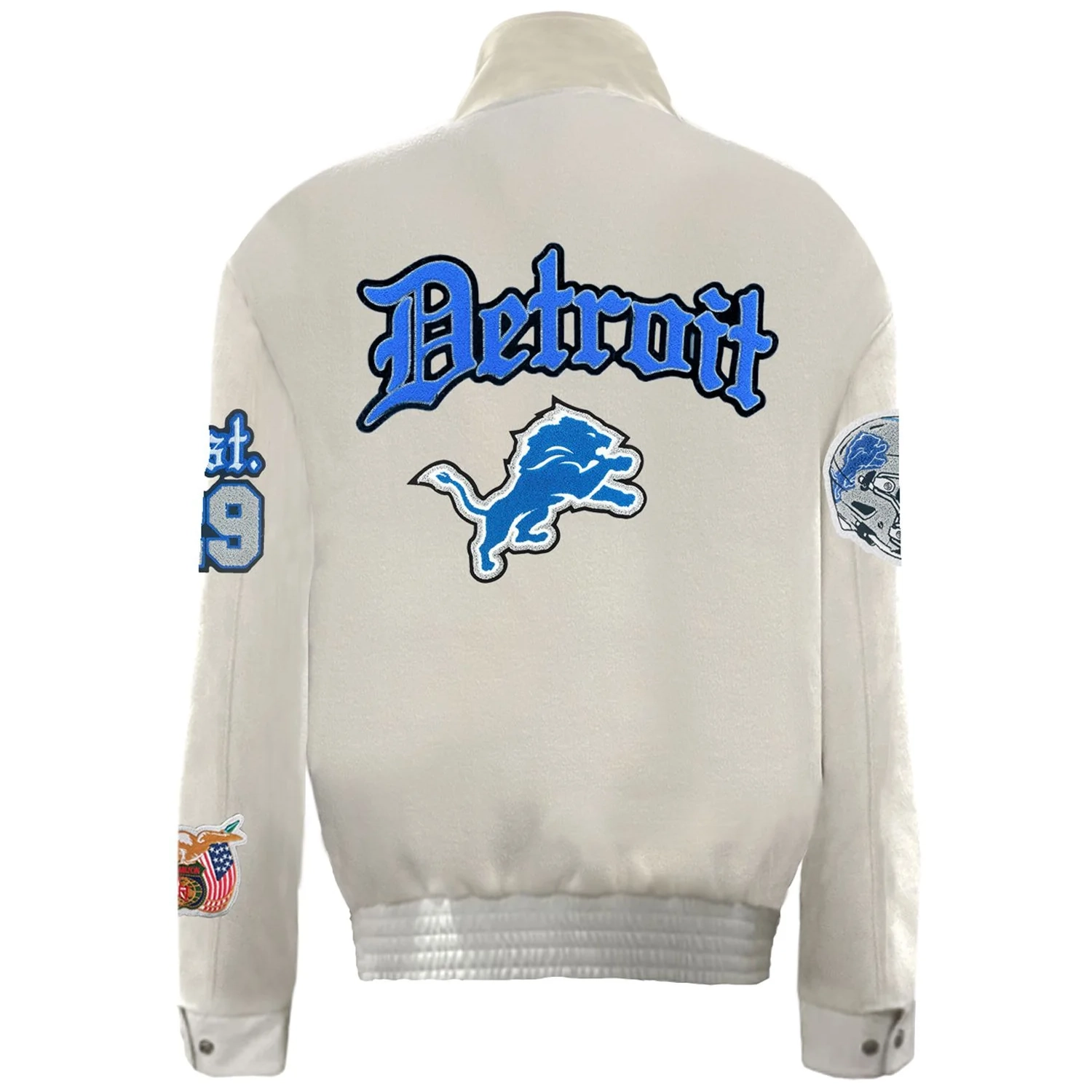 Detroit Lions Old English White Wool & Leather Varsity Jacket - Image 2
