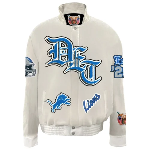 Detroit Lions Old English White Wool & Leather Varsity Jacket