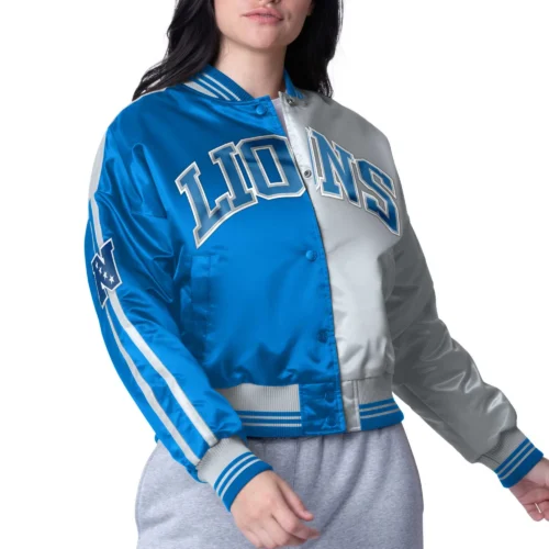 Women's Detroit Lions Zone Blitz Cropped Blue/Silver Satin Jacket