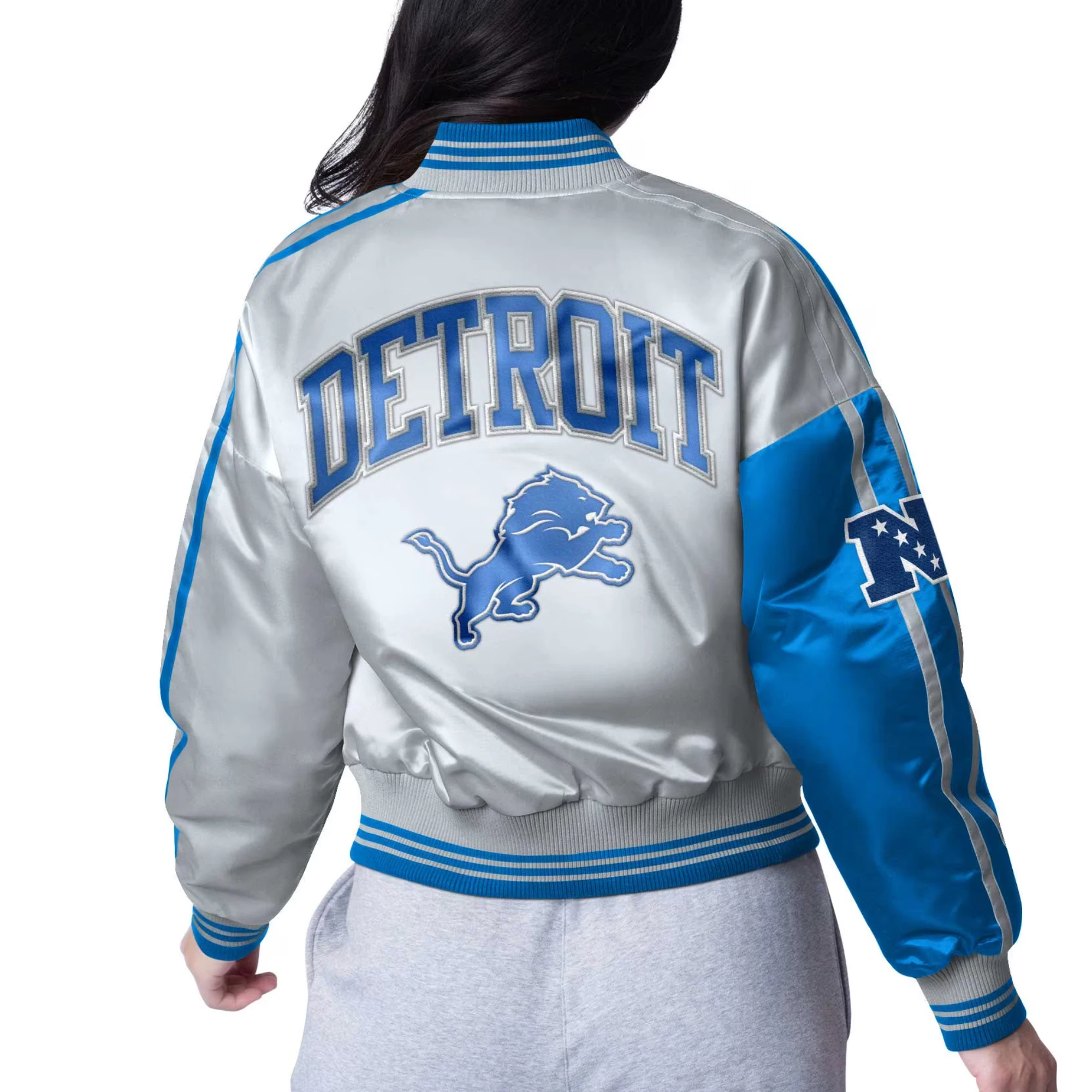 Women's Detroit Lions Zone Blitz Cropped Blue/Silver Satin Jacket - Image 2