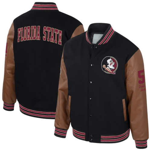 Florida State Seminoles Colosseum Letterman Wool & Leather Full-Snap Black/Brown Varsity Jacket - Image 3