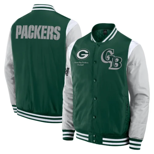 Green Bay Packers Elements Elite Green/Grey Full-Snap Satin Varsity Jacket - Image 3