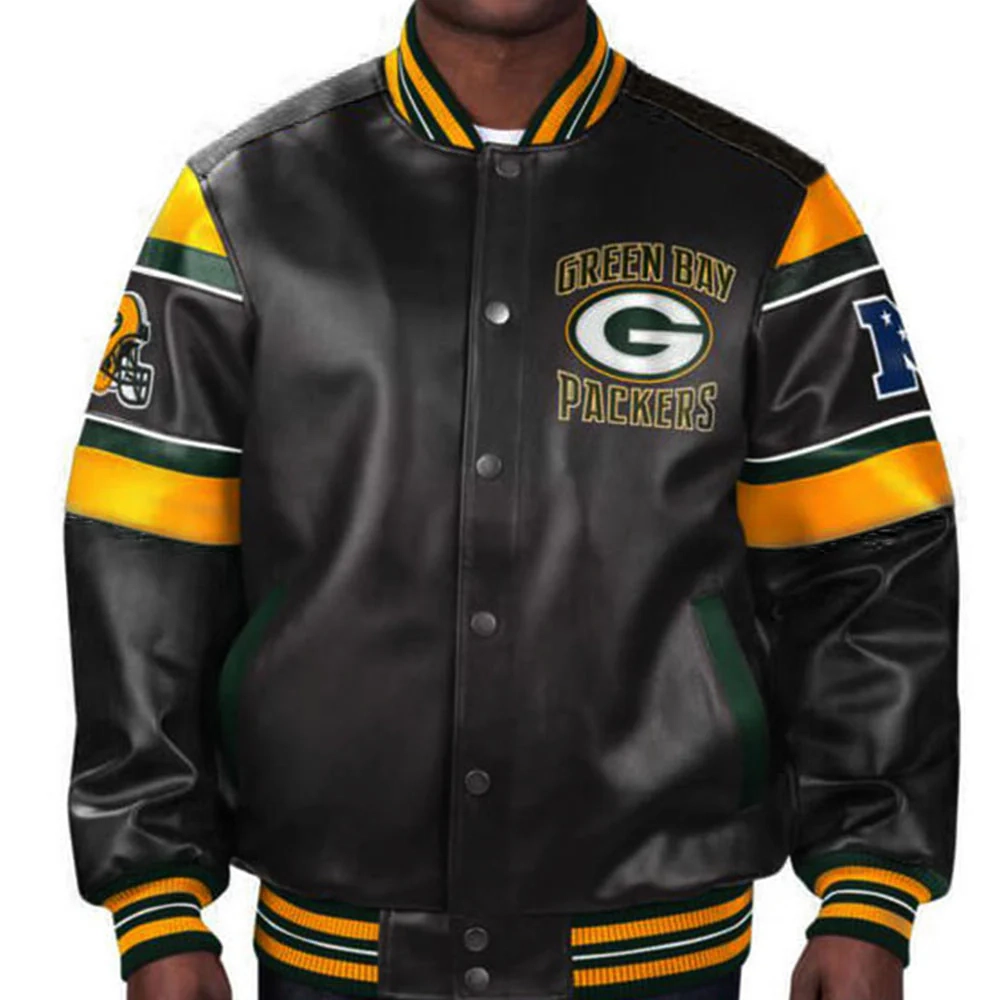 Green Bay Packers Black Full-Snap Leather Bomber Jacket