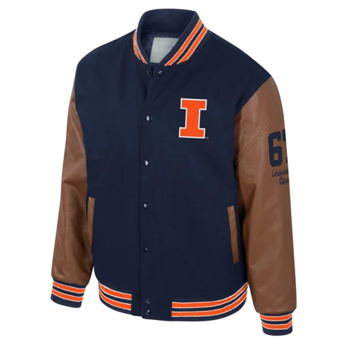 Illinois Fighting Illini Colosseum Letterman Wool & Leather Full-Snap Navy/Brown Varsity Jacket