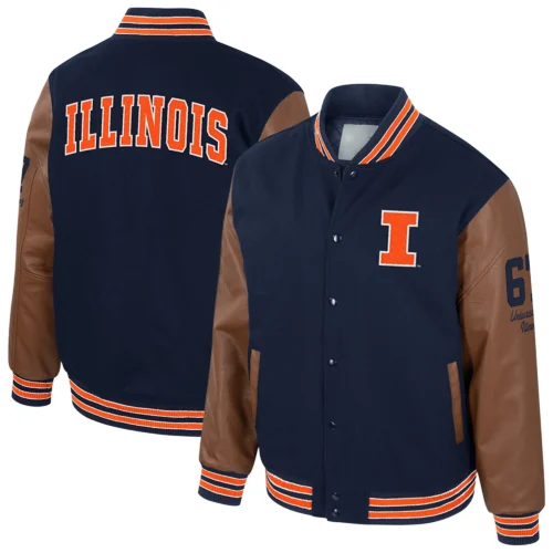 Illinois Fighting Illini Colosseum Letterman Wool & Leather Full-Snap Navy/Brown Varsity Jacket - Image 3