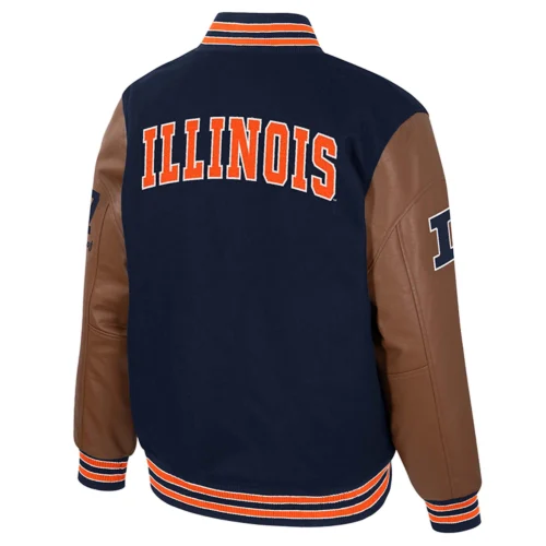 Alternative view of Illinois Fighting Illini Colosseum Letterman Wool & Leather Full-Snap Navy/Brown Varsity Jacket