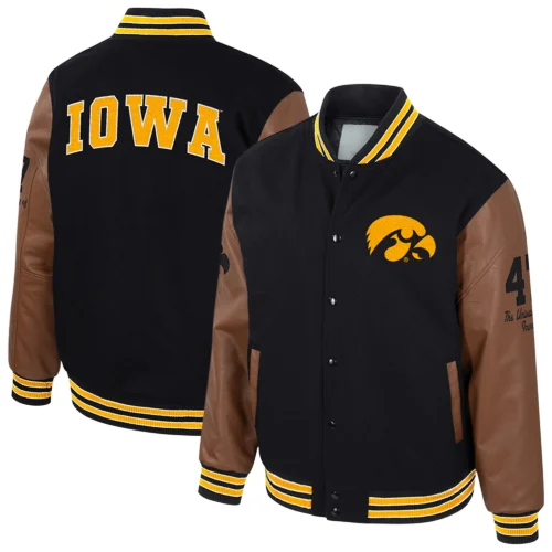 Iowa Hawkeyes Colosseum Letterman Wool & Leather Full-Snap Black/Brown Varsity Jacket - Image 3