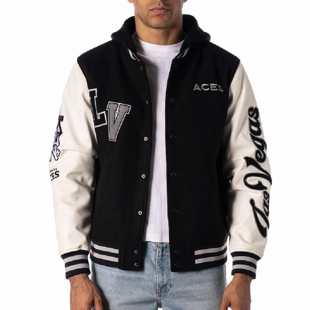 Las Vegas Aces Bomber Black/White Wool & Leather Varsity Jacket