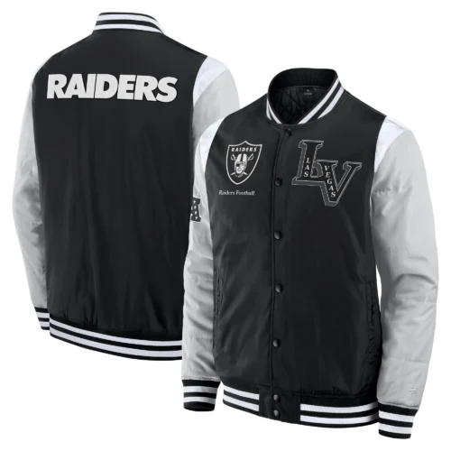 Las Vegas Raiders Elements Elite Black/Grey Full-Snap Satin Varsity Jacket - Image 3
