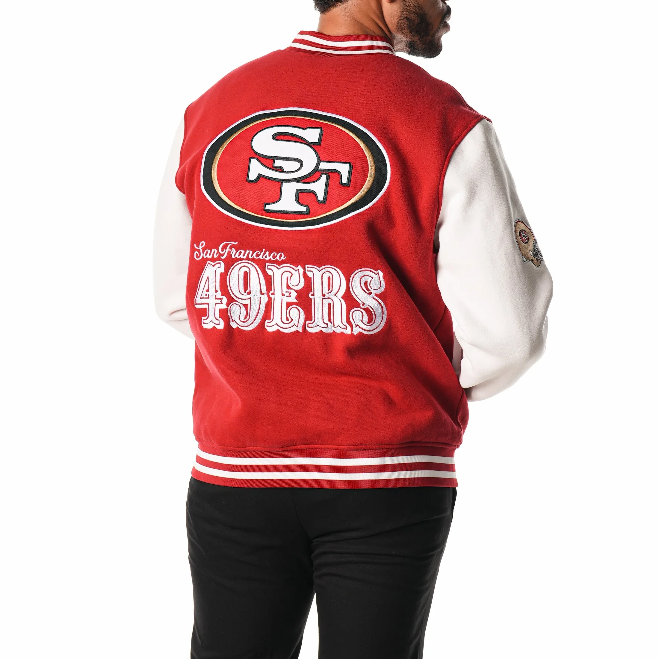 Men’s San Francisco 49ers Wool & Leather Red/White Bomber Varsity Jacket - Image 2