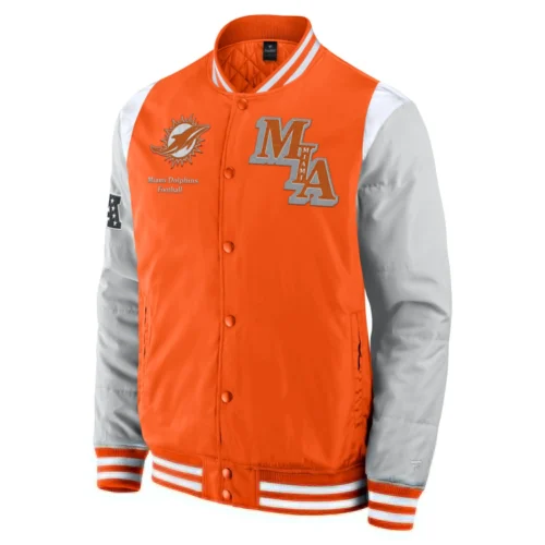 Miami Dolphins Elements Elite Orange/Grey Full-Snap Satin Varsity Jacket