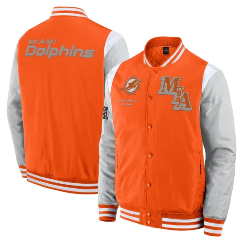 Miami Dolphins Elements Elite Orange/Grey Full-Snap Satin Varsity Jacket - Image 3