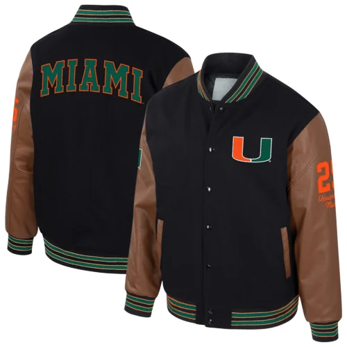 Miami Hurricanes Colosseum Letterman Wool & Leather Full-Snap Black/Brown Varsity Jacket - Image 3