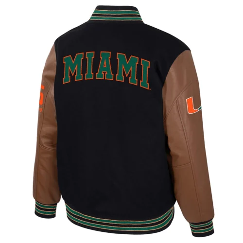 Alternative view of Miami Hurricanes Colosseum Letterman Wool & Leather Full-Snap Black/Brown Varsity Jacket