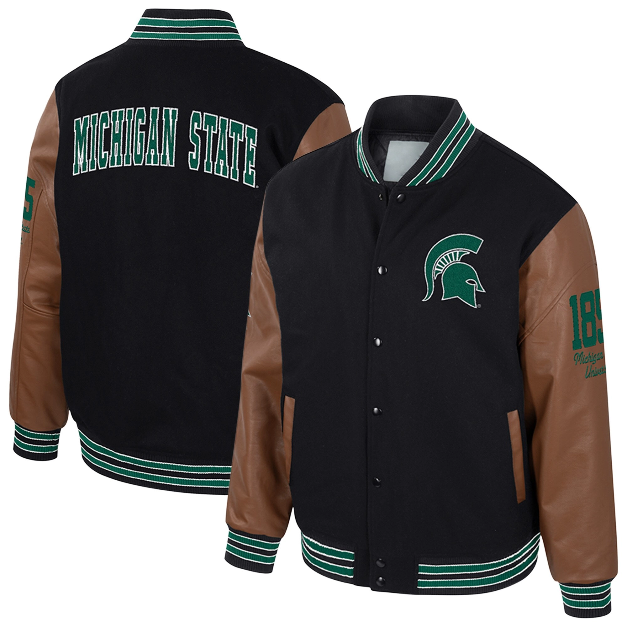 Michigan State Spartans Colosseum Letterman Wool & Leather Full-Snap Black/Brown Varsity Jacket - Image 3