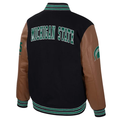 Alternative view of Michigan State Spartans Colosseum Letterman Wool & Leather Full-Snap Black/Brown Varsity Jacket