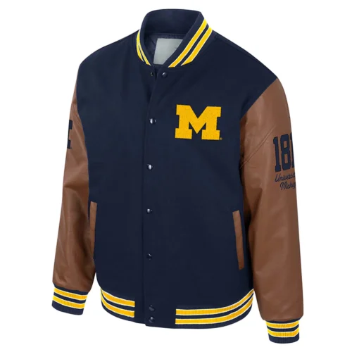 Michigan Wolverines Colosseum Letterman Wool & Leather Full-Snap Navy/Brown Varsity Jacket
