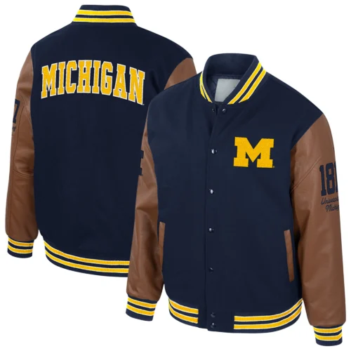Michigan Wolverines Colosseum Letterman Wool & Leather Full-Snap Navy/Brown Varsity Jacket - Image 3