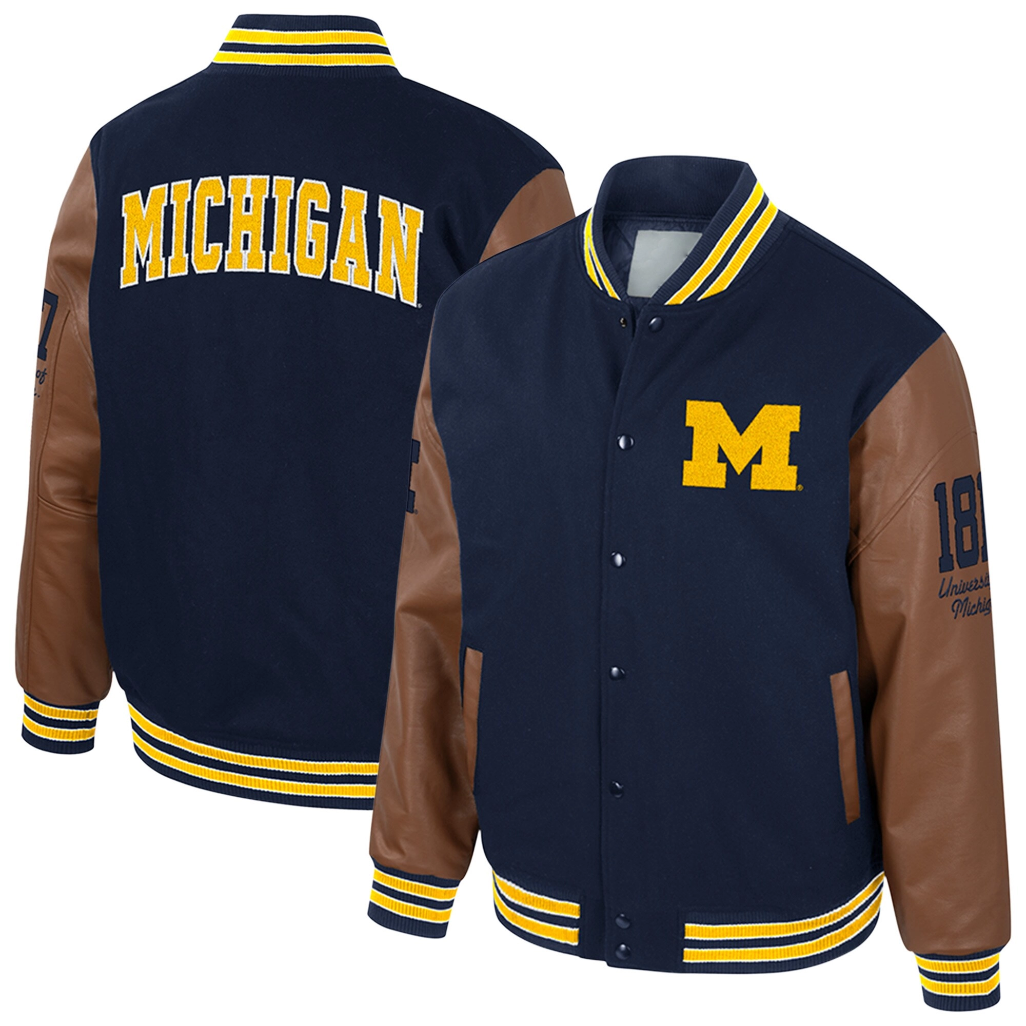 Michigan Wolverines Colosseum Letterman Wool & Leather Full-Snap Navy/Brown Varsity Jacket - Image 3