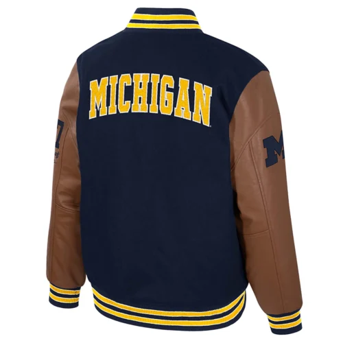 Alternative view of Michigan Wolverines Colosseum Letterman Wool & Leather Full-Snap Navy/Brown Varsity Jacket