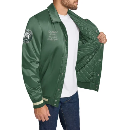 Milwaukee Bucks Jacob Chain Stitch Green Polyester Varsity Jacket - Image 3