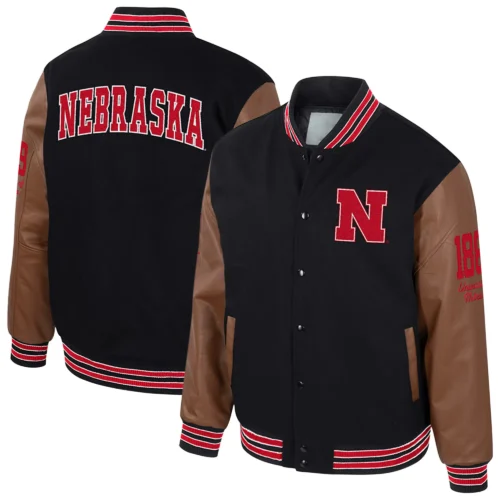 Nebraska Cornhuskers Colosseum Letterman Wool & Leather Full-Snap Black/Brown Varsity Jacket - Image 3