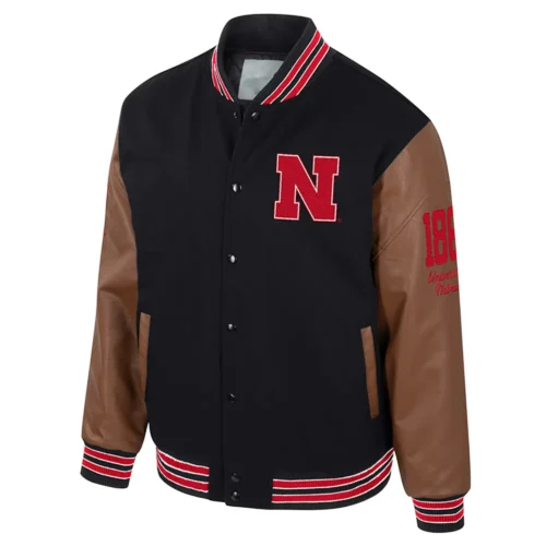 Nebraska Cornhuskers Colosseum Letterman Wool & Leather Full-Snap Black/Brown Varsity Jacket