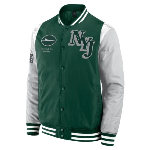 New York Jets Elements Elite Green/Grey Full-Snap Satin Varsity Jacket